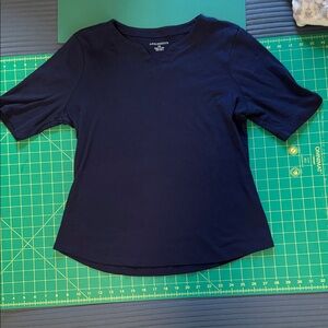 Appleseed's Navy Short Sleeve Cotton Knit Top with notched neckline, size PM